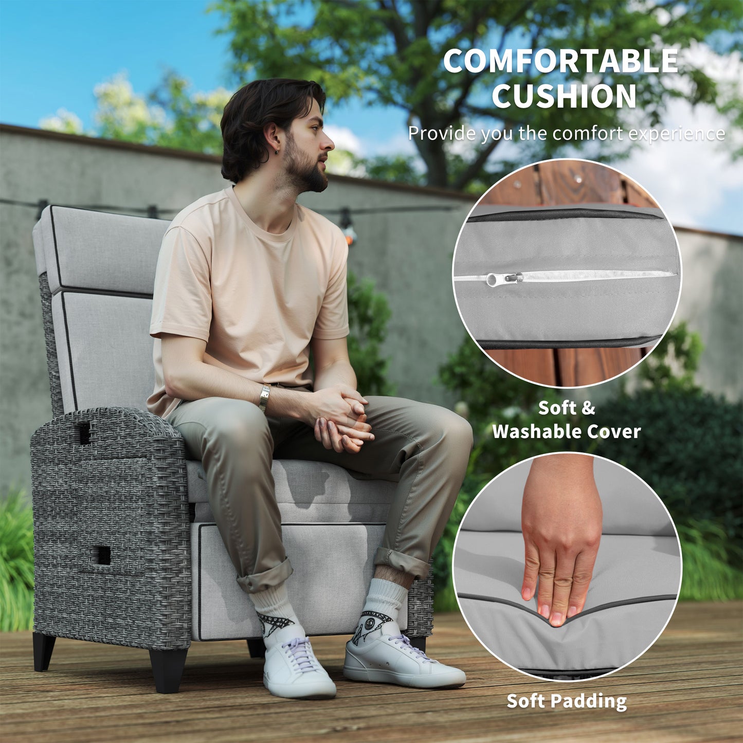 Vike Light Grey Outdoor Recliner Armchair with Side Tray