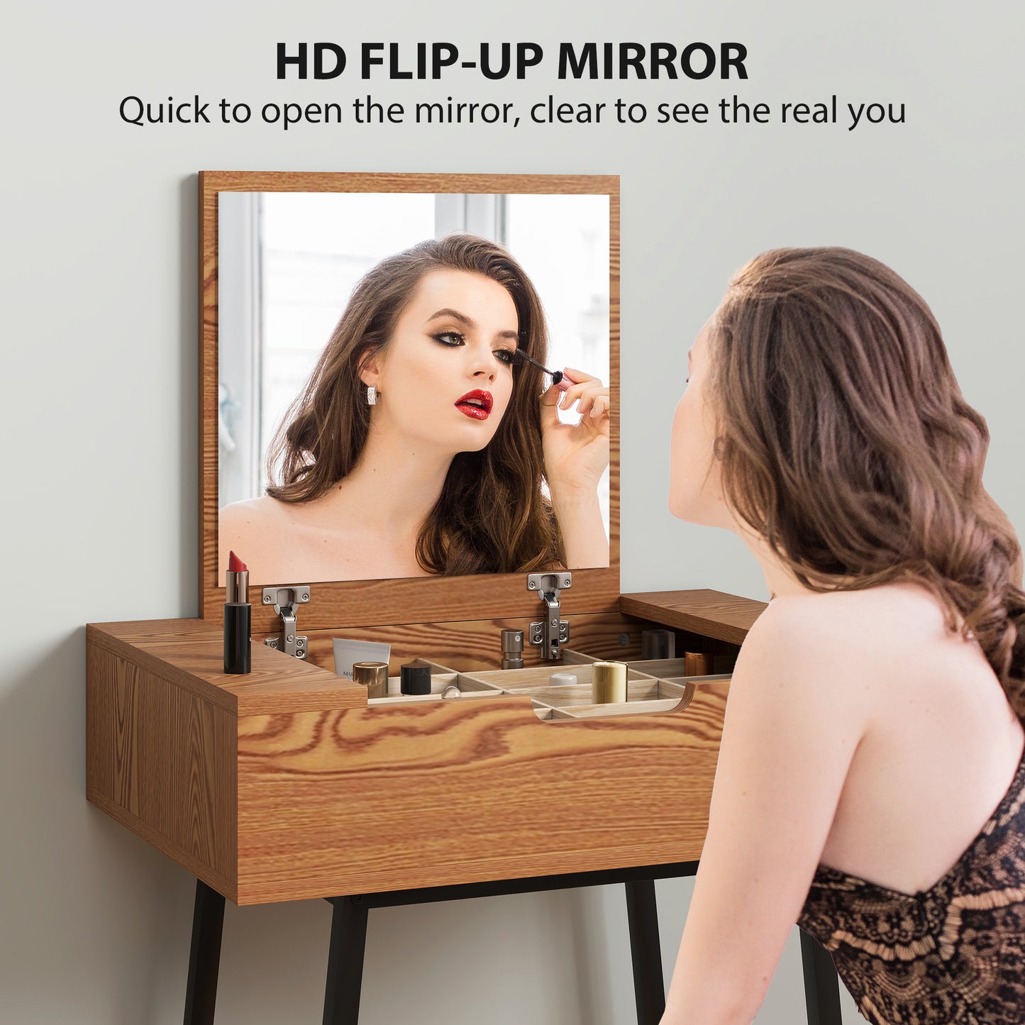 Fino Leri Natural Wood Industrial Vanity Desk With Flip Up Mirror And 6teen Storage Compartments