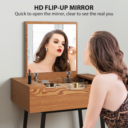 Fino Leri Natural Wood Industrial Vanity Desk With Flip Up Mirror And 6teen Storage Compartments