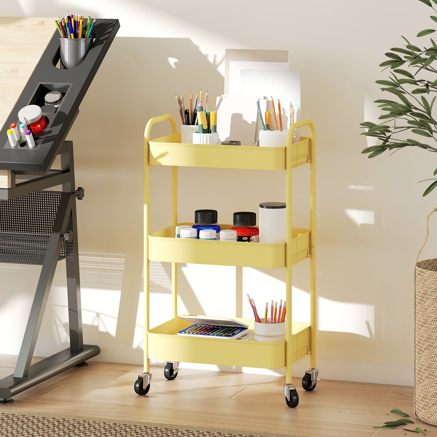 Firi Metal Yellow 3 Tier Steel Storage Trolley With Wheels