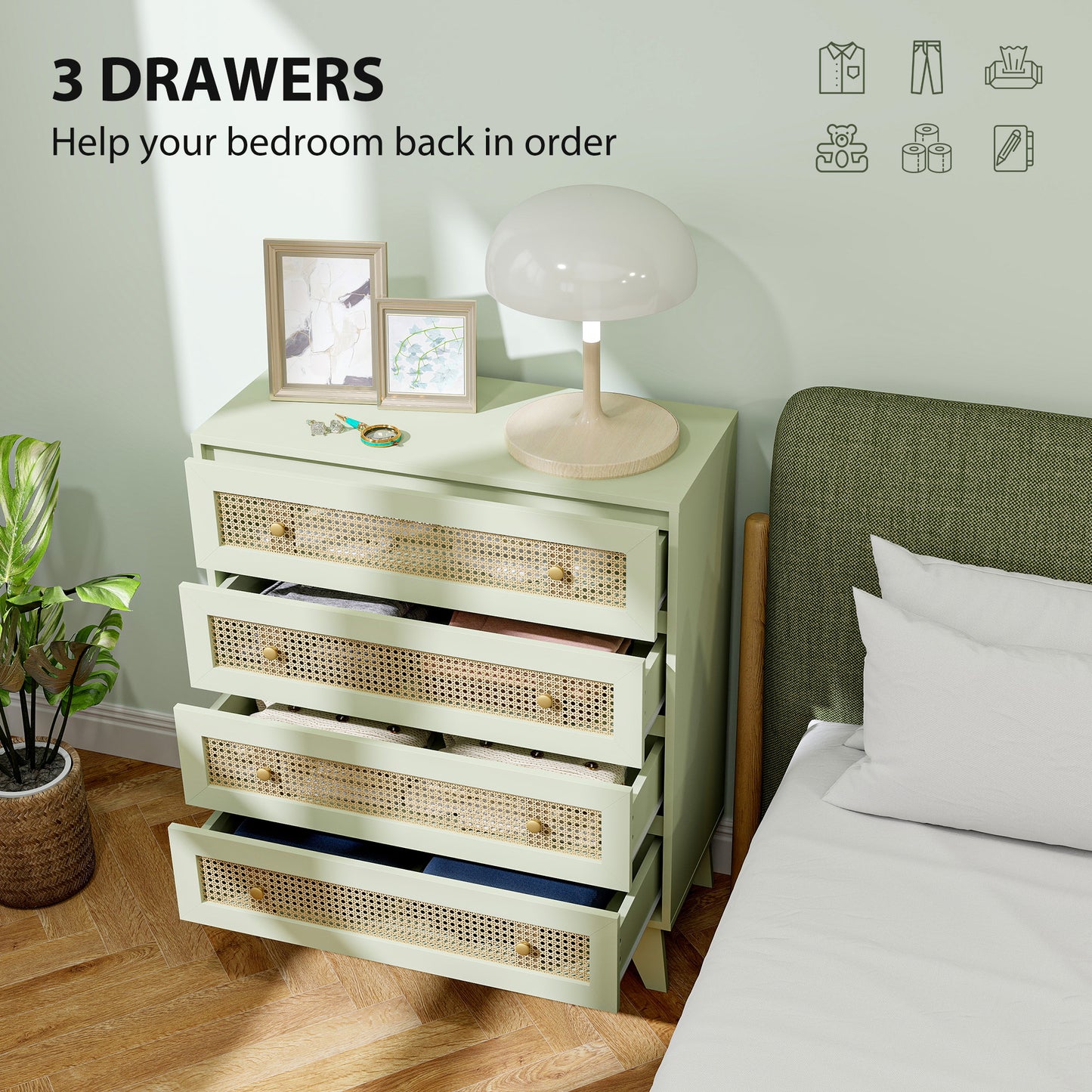 Raritte Wood And Rattan Light Green 4 Drawer Storage Chest With Woven Detail