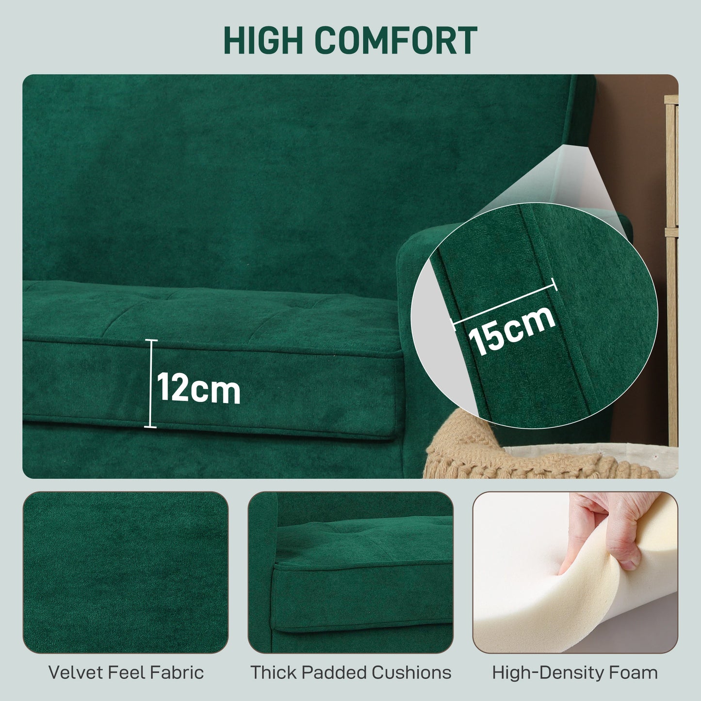 Neraro Forest Green Velvet Upholstered 2 Seater Sofa Natural Wooden Legs