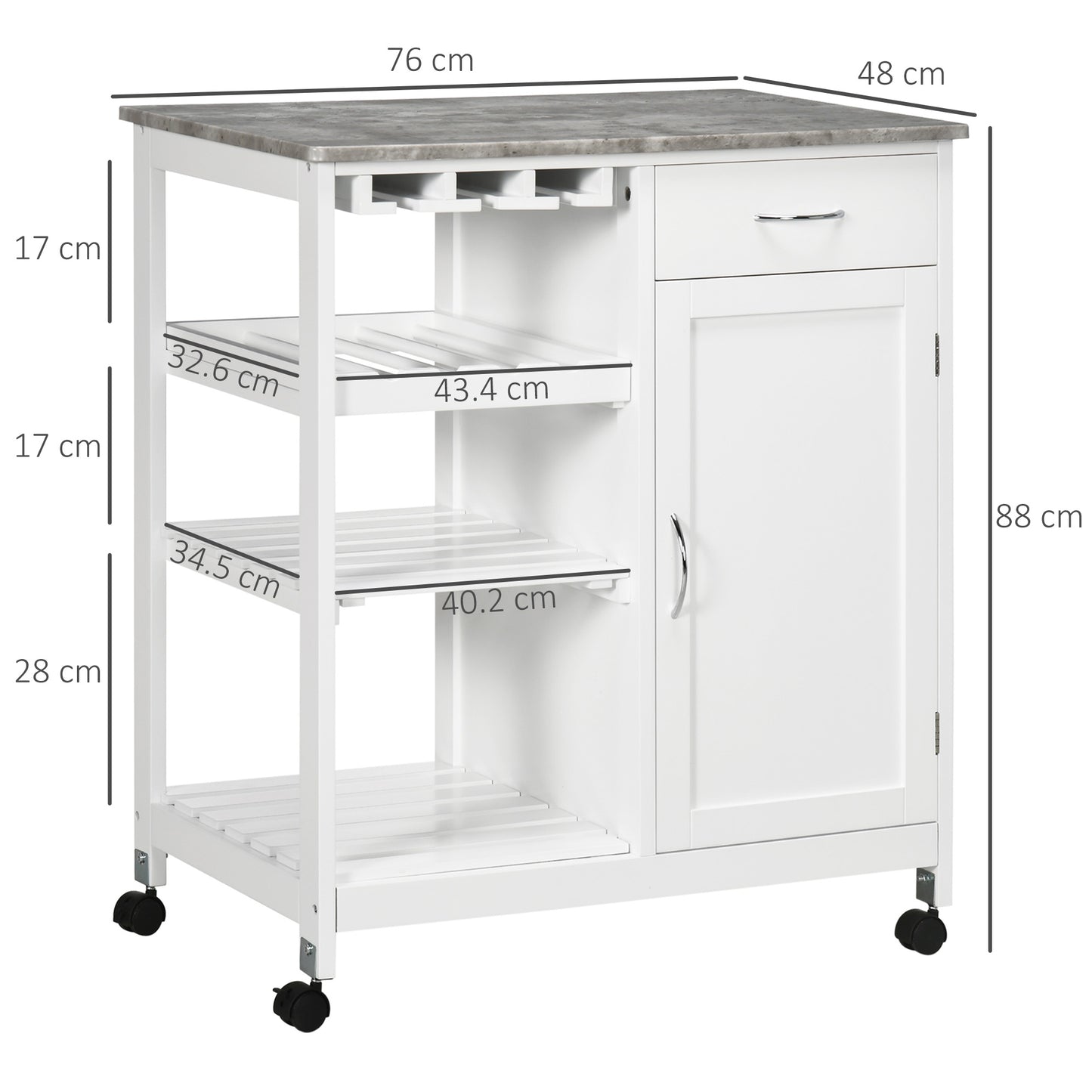 Sohavi Wooden White Compact Kitchen Trolley With Wine Rack Drawer And Open Shelving