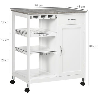 Sohavi Wooden White Compact Kitchen Trolley With Wine Rack Drawer And Open Shelving