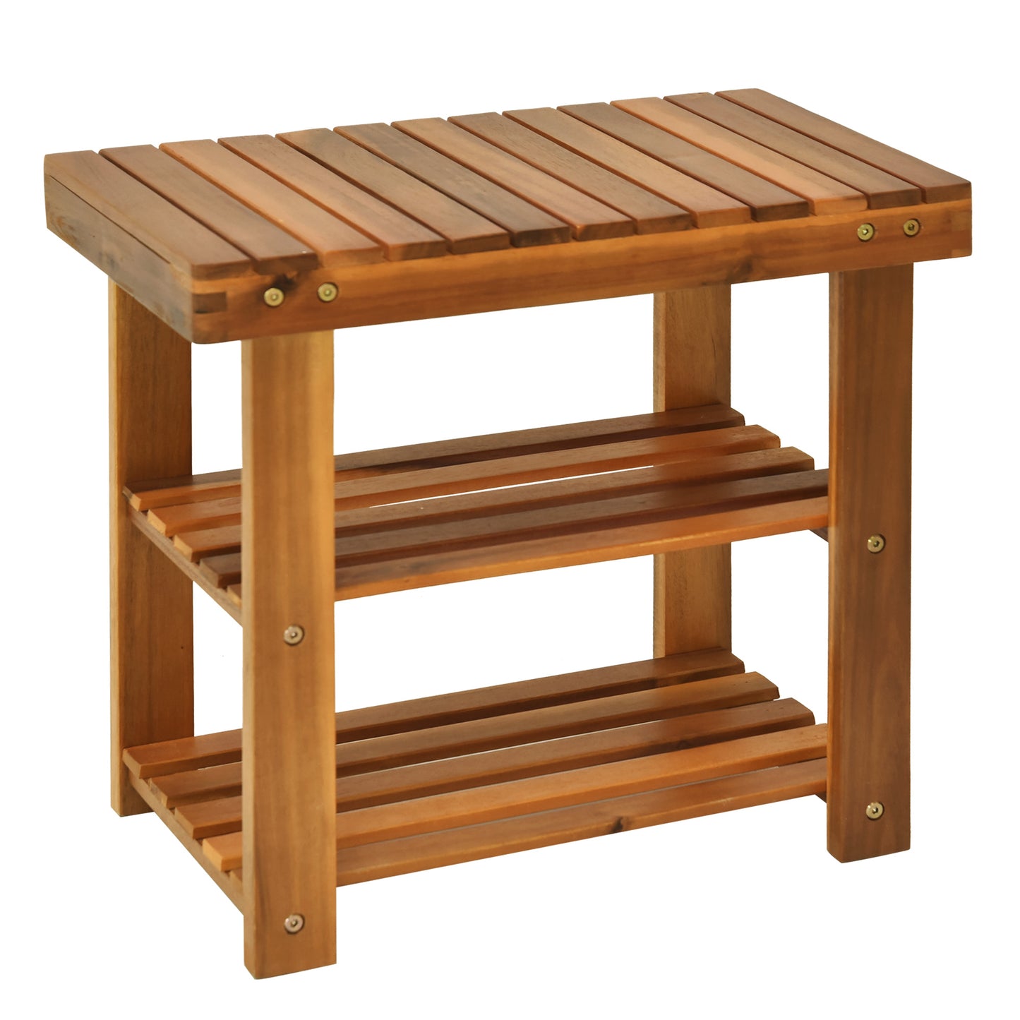 Elsari Acacia Wood Teak 3 Tier Shoe Bench With Slatted Shelves
