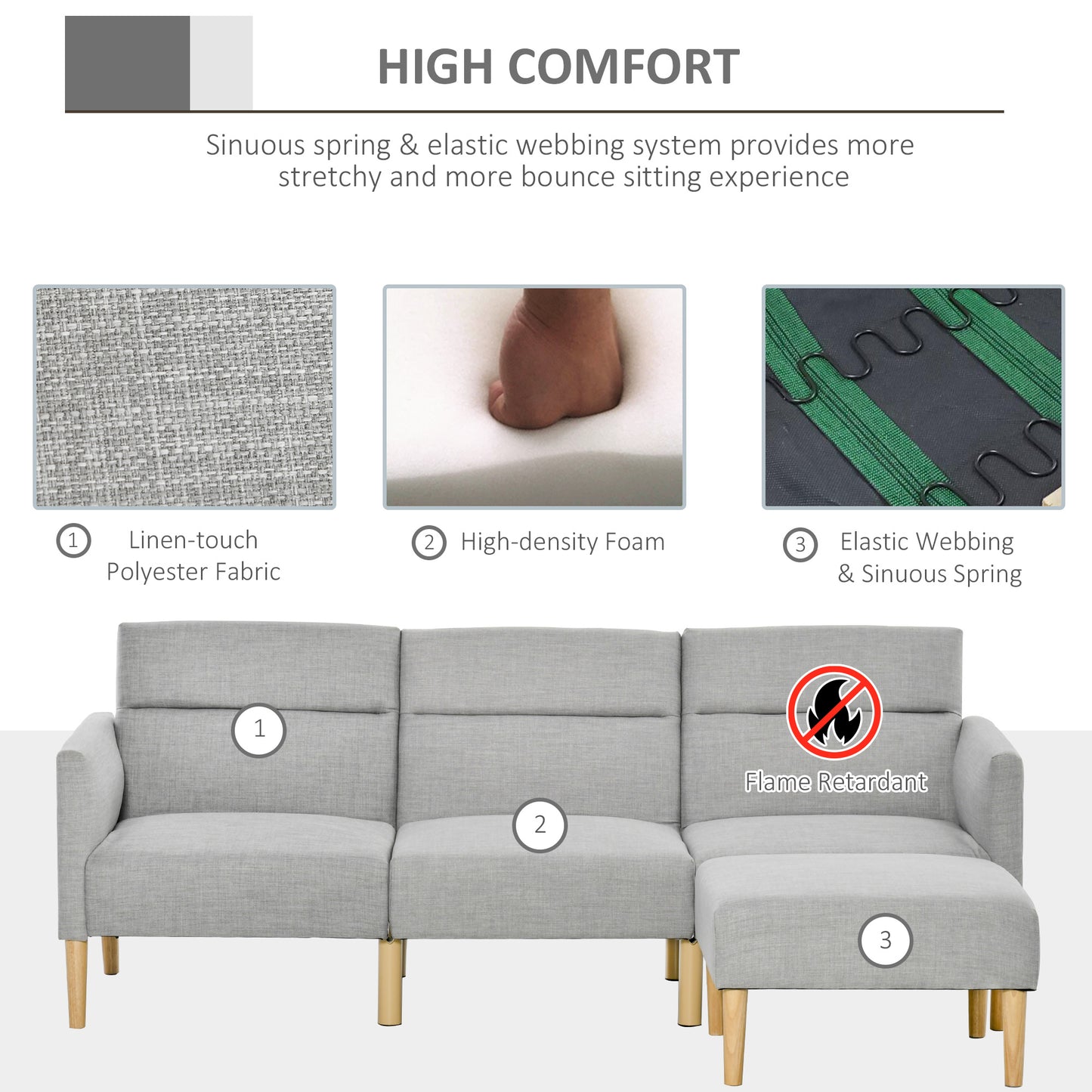 Nosove Diri Linen Light Grey Corner Sofa Bed Set With Footstool And Rubberwood Legs