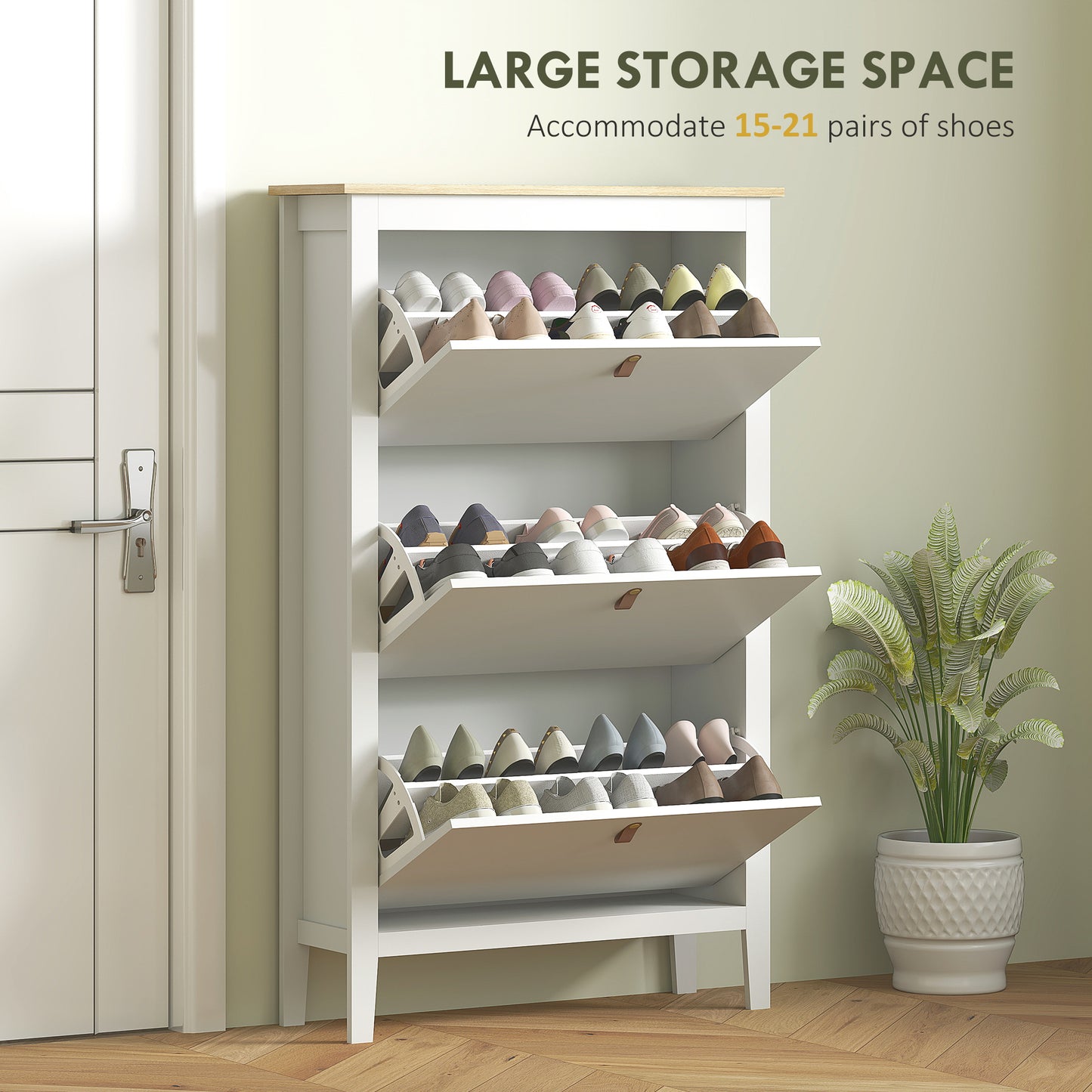 Makeve Wooden White and Natural Modern 3 Drawer Shoe Cabinet Faux Leather Handles