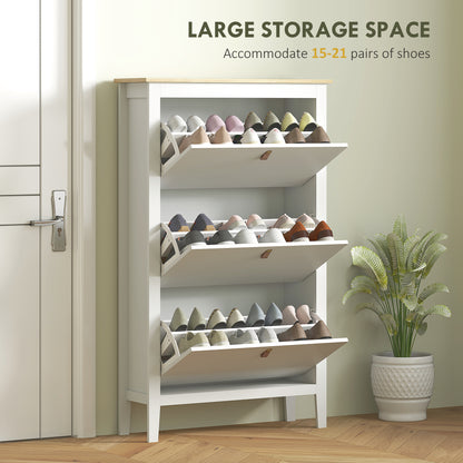 Makeve Wooden White and Natural Modern 3 Drawer Shoe Cabinet Faux Leather Handles