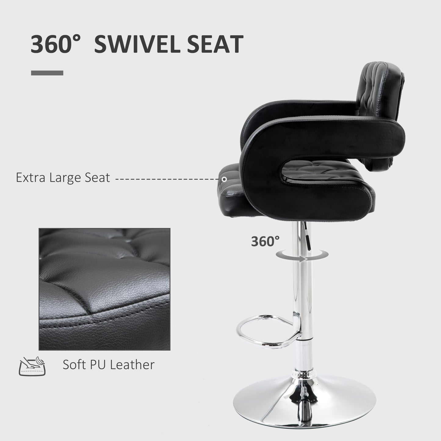 Rina Faux Leather Black Adjustable Swivel Bar Stool With Armrests And Footrest