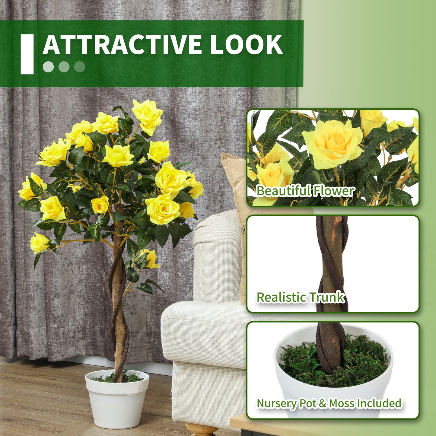Velelo Set Of 2 Artificial White Rose Floral Plants In Pots H8 90cm Yellow