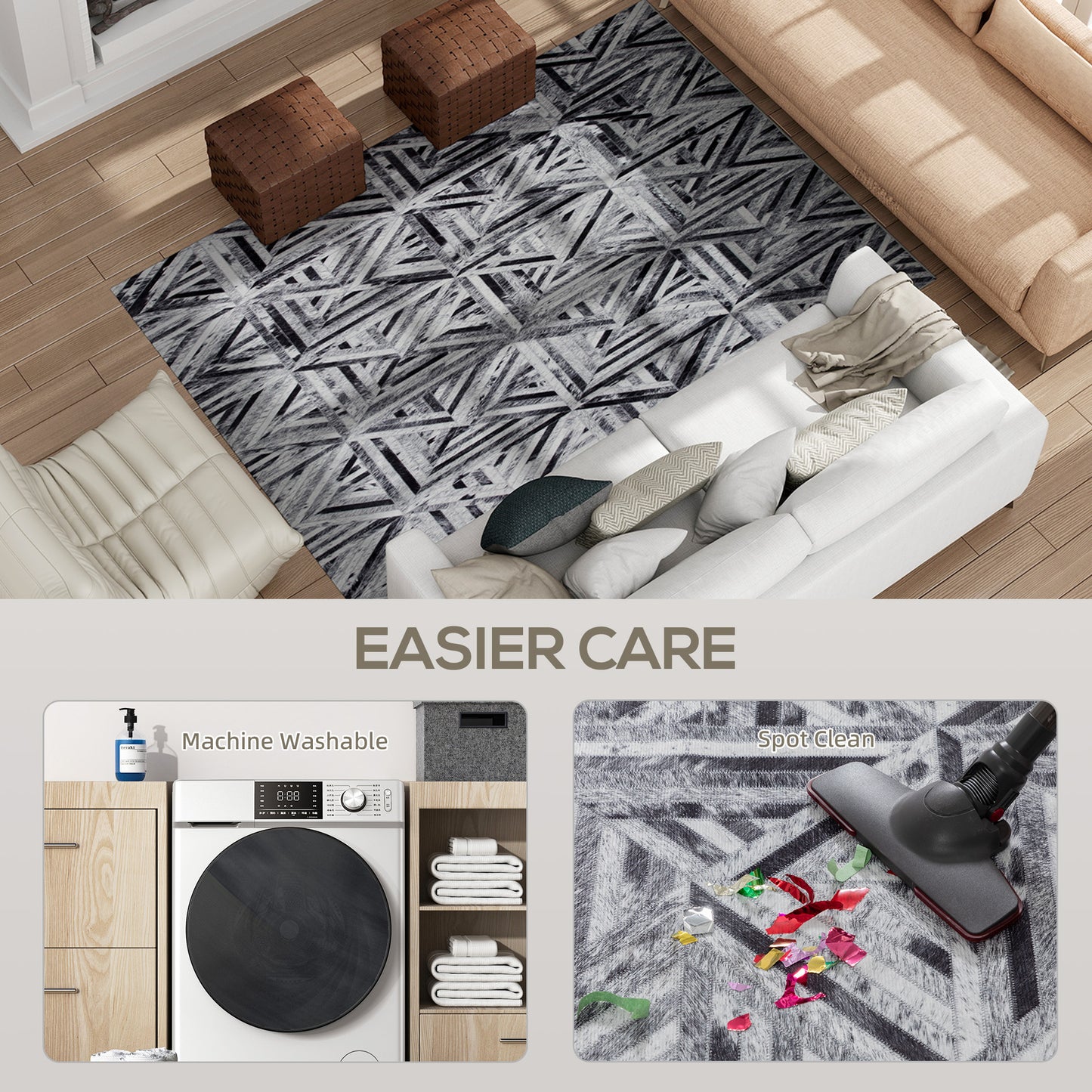 Yolura Lara Chenille Black Triangle Pattern Non Slip Washable Rug 230 x 160 cm