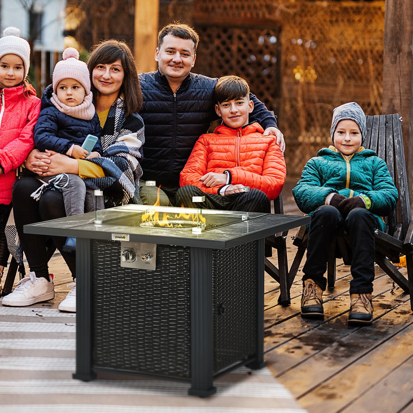 Halu Rattan Black Square Gas Fire Pit Table With Marble Effect Top Glass