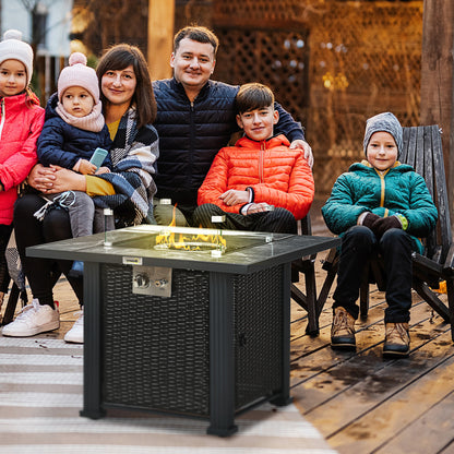 Halu Rattan Black Square Gas Fire Pit Table With Marble Effect Top Glass