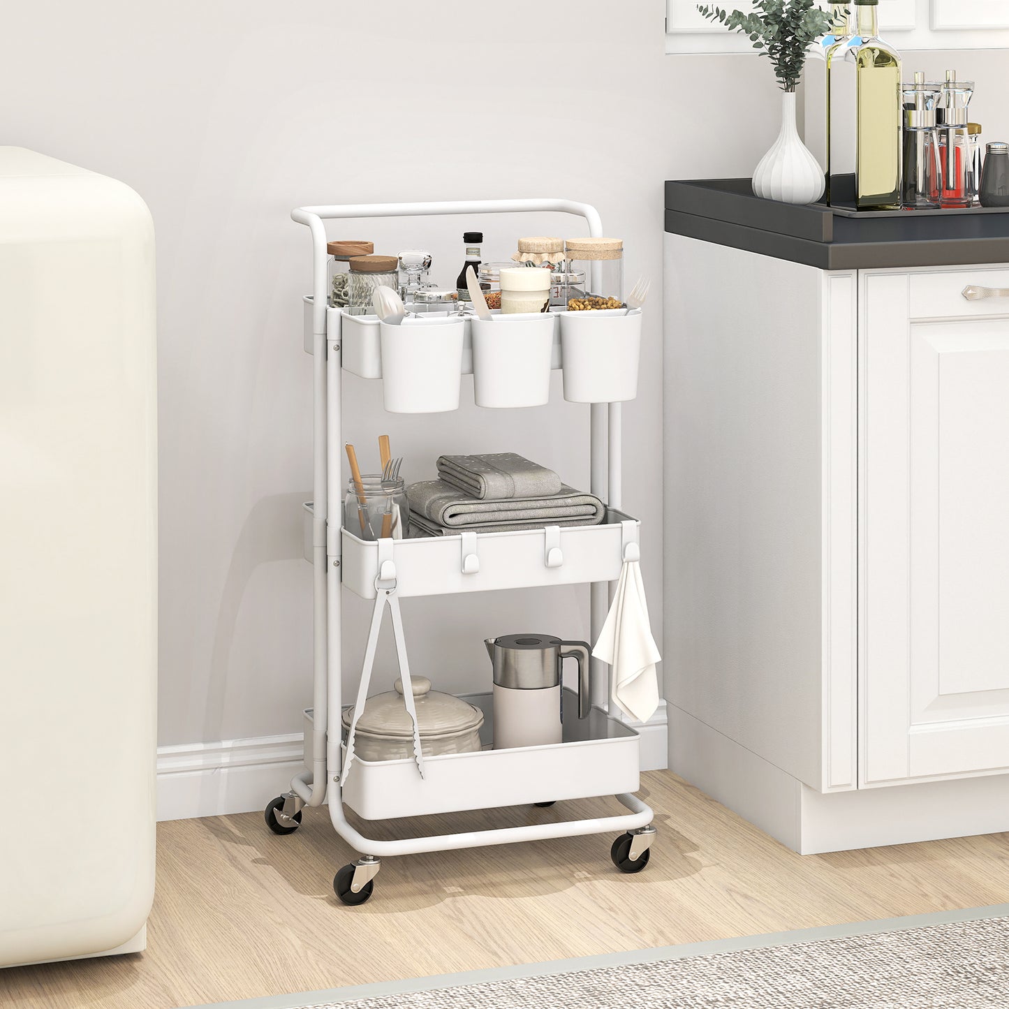 Molole Seba Metal White 3 Tier Home Trolley With Handle And Wheels