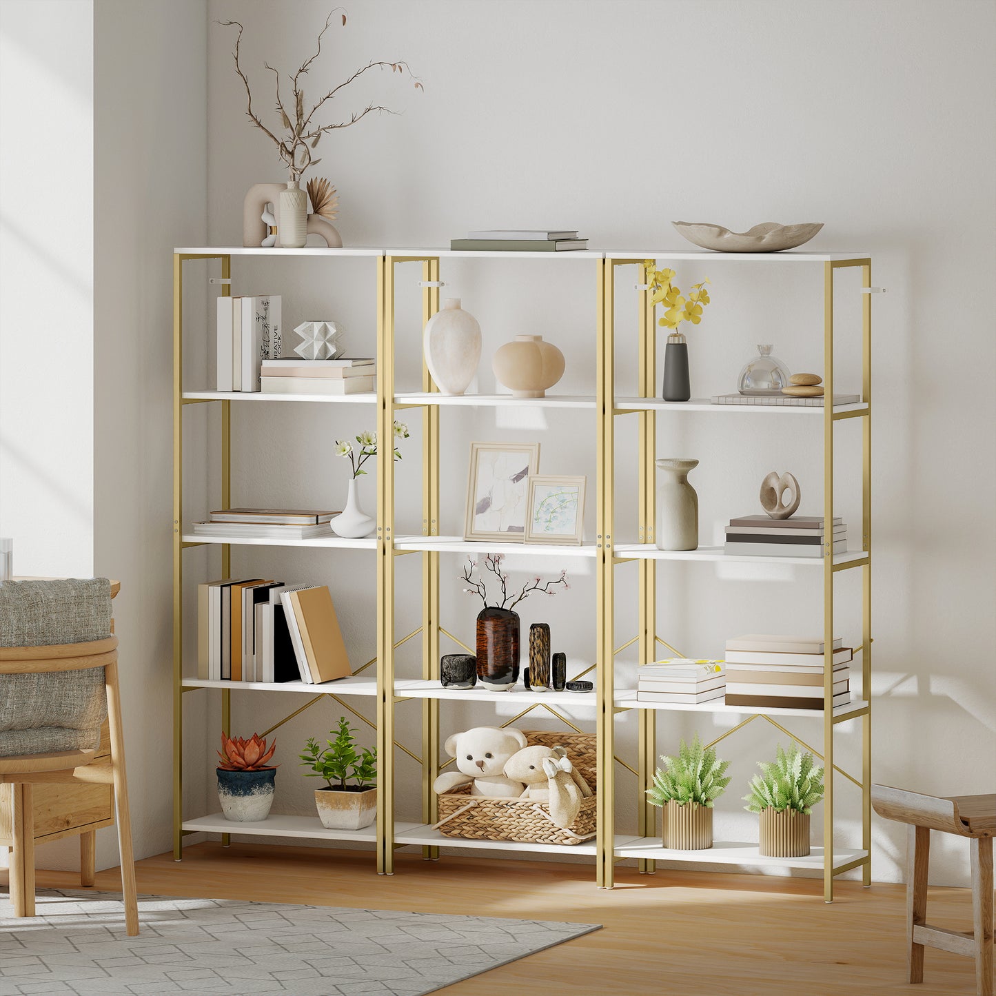 Lazila Metal And Wood White And Gold Tone 5 Tier Modern Bookcase