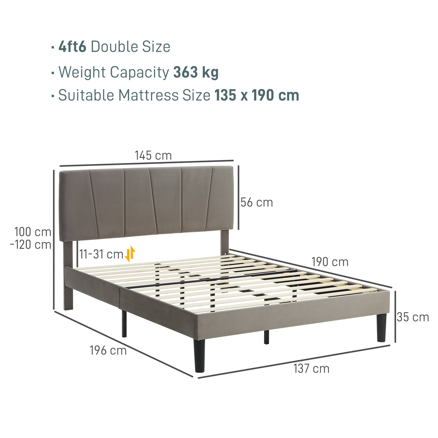 Nare 4FT6 Double Bed Frame With Soft Touch Upholstered Headboard Grey