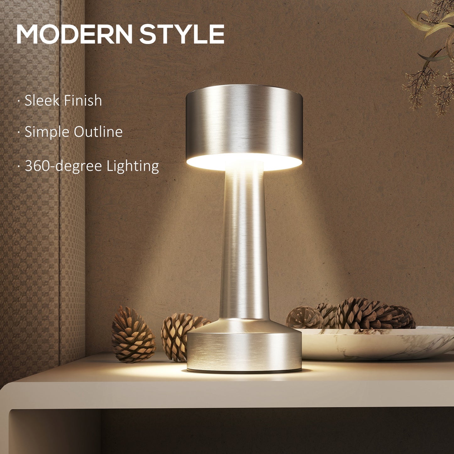 Dova Metal Silver Cordless Touch LED Table Lamp With Rechargeable Battery And 3 Colour Modes