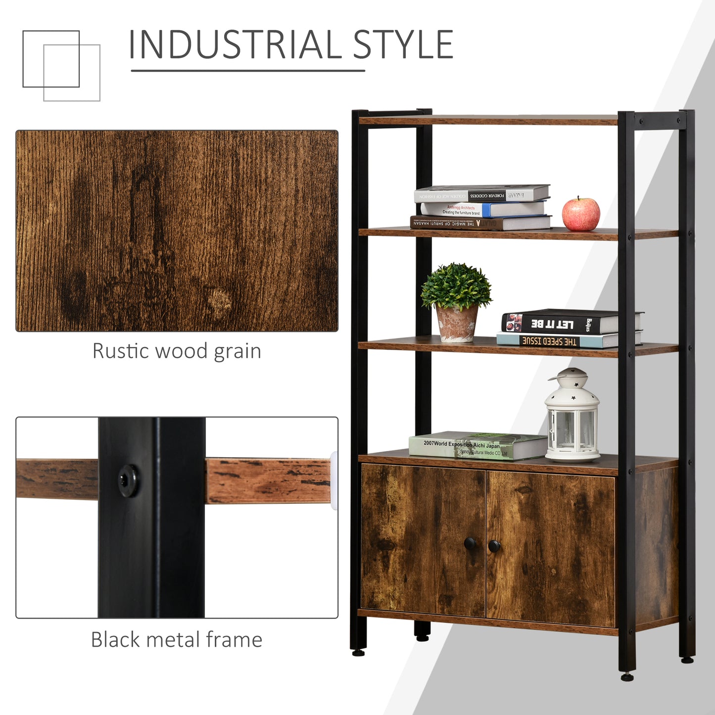 Reneco Vela Metal And Wood Rustic Brown 3 Tier Industrial Bookshelf With Doors
