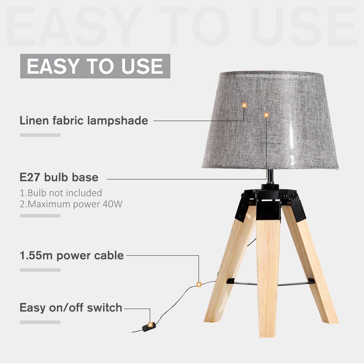 Narose Wood Grey Tripod Table Lamp With Fabric Shade And Base