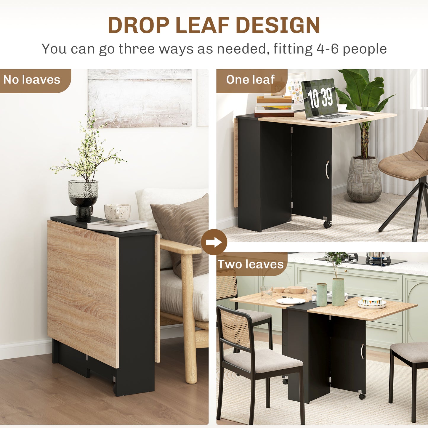 Toelka Wooden Oak And Black Ex10dable Drop Leaf Dining Table With Shelves And Castors