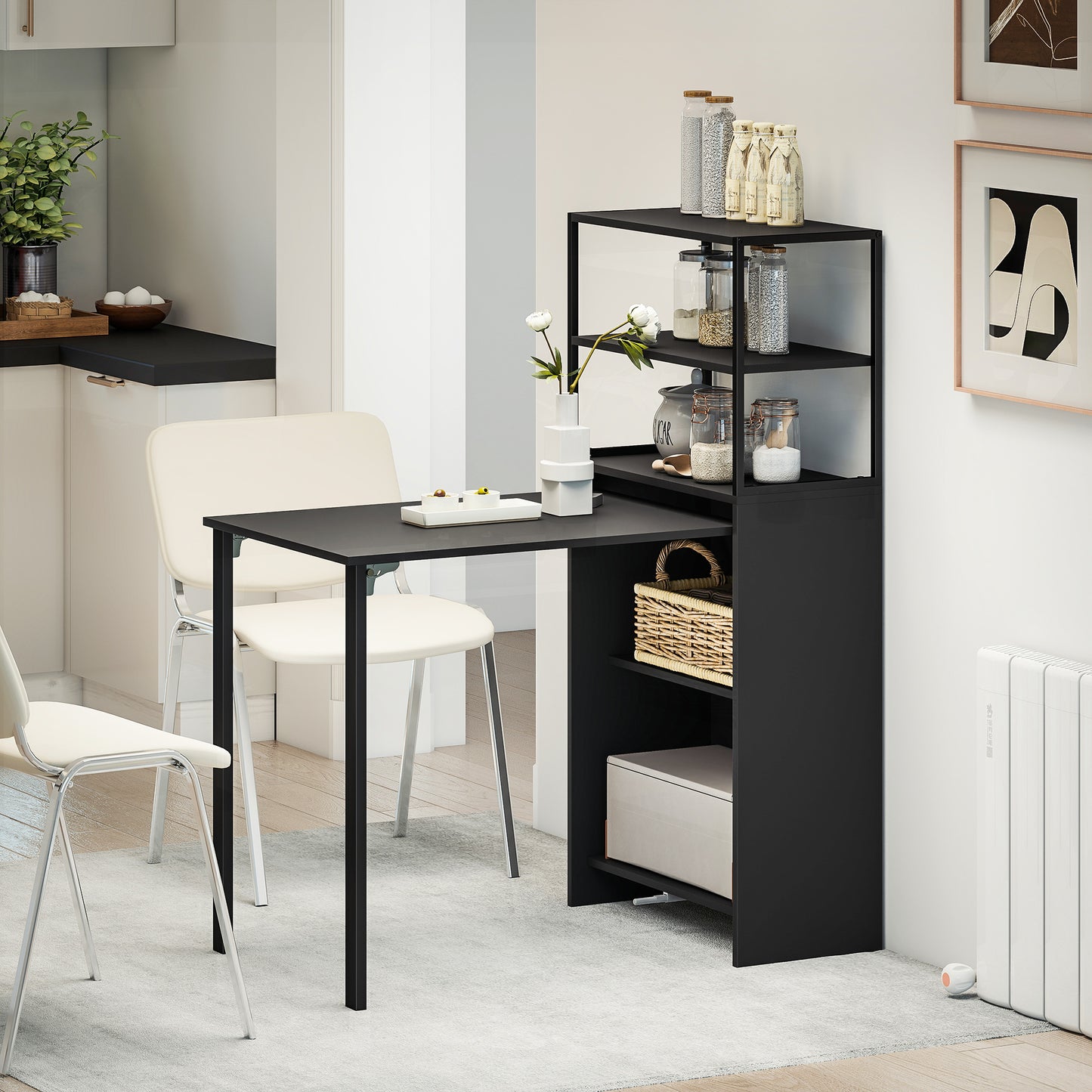 Serana 105cm Wooden Black Folding Work Table With Integrated Shelving
