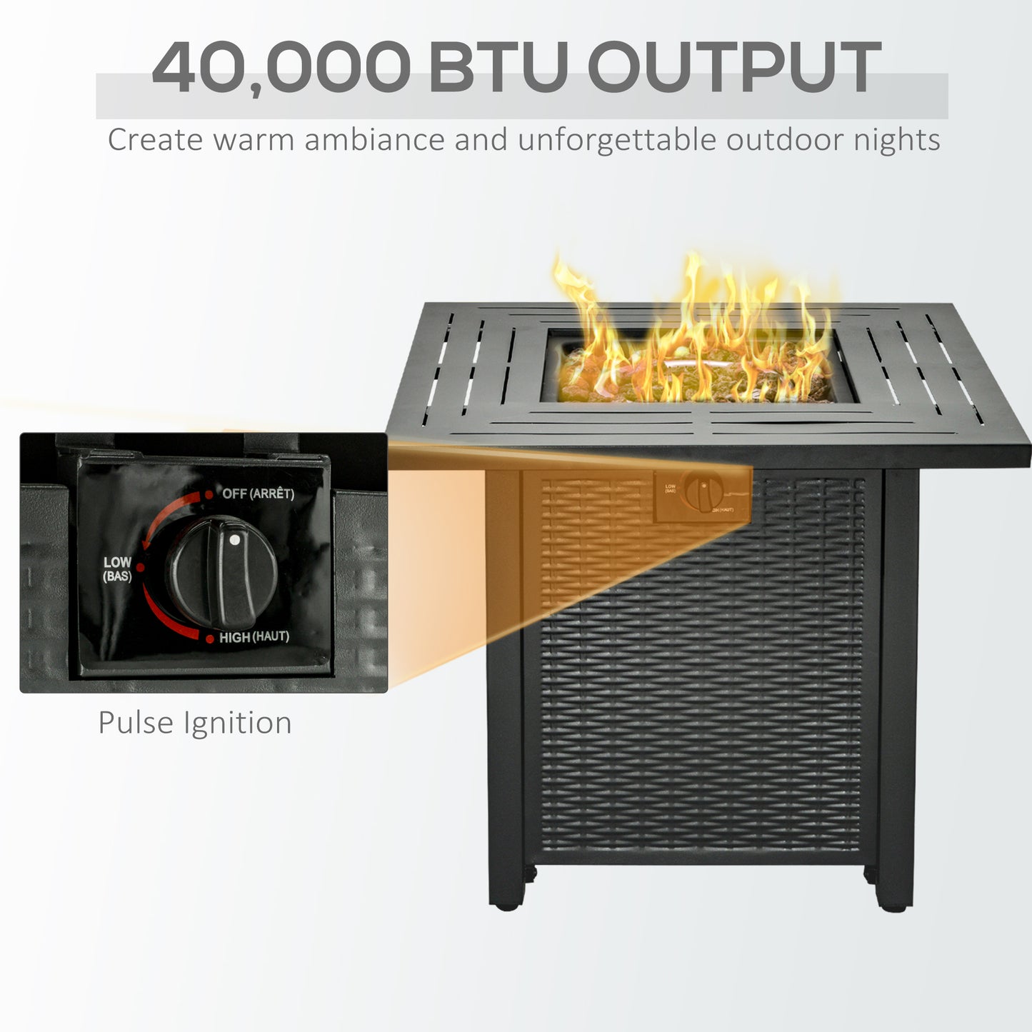 Ellulo Rattan Black Square Propane Gas Fire Pit Table with Cover Glass Beads And Lid