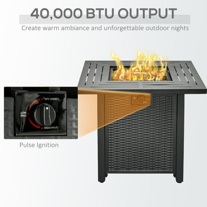 Ellulo Rattan Black Square Propane Gas Fire Pit Table with Cover Glass Beads And Lid