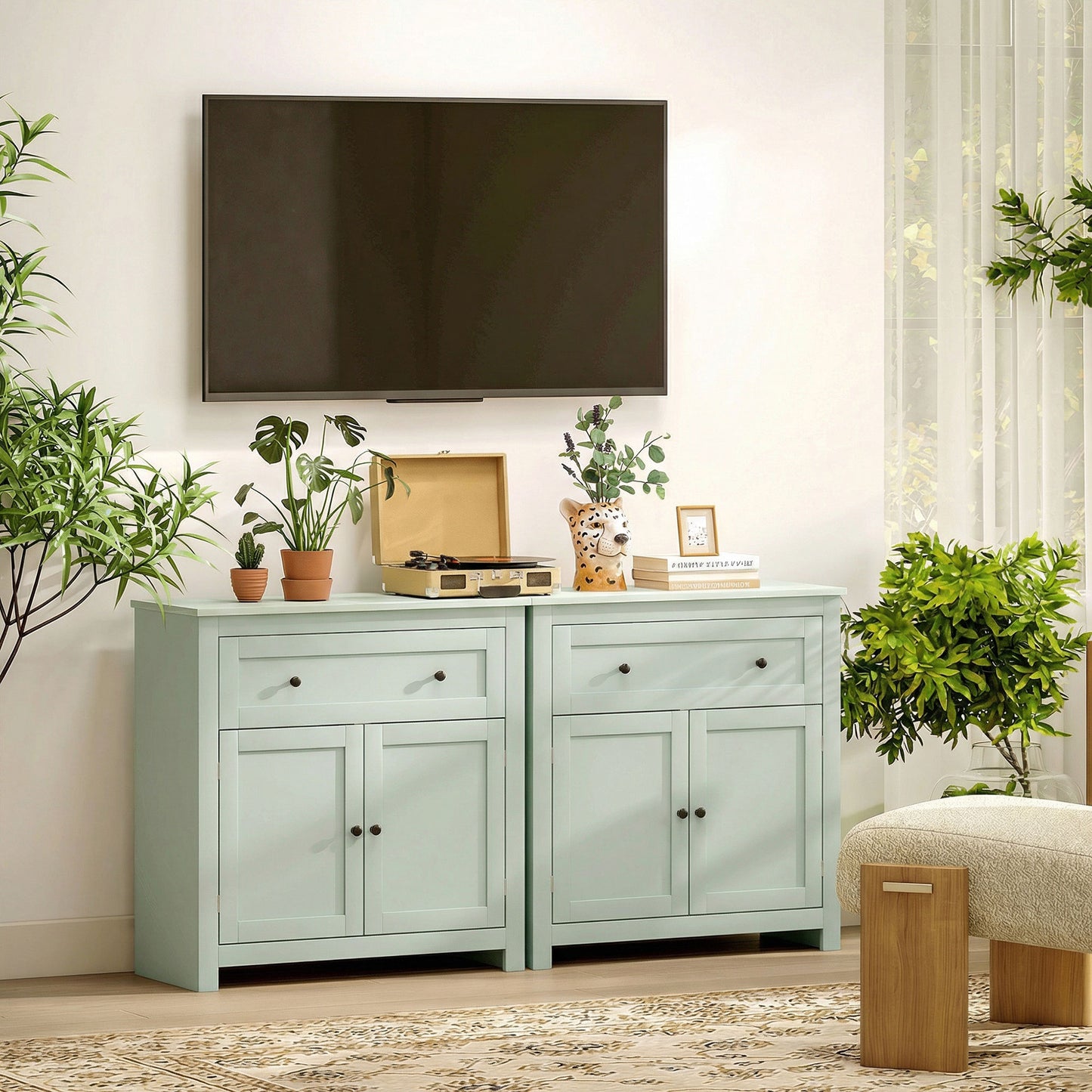 Luhaso Wooden Green Modern Sideboard With Drawers Adjustable Shelves And Double Doors