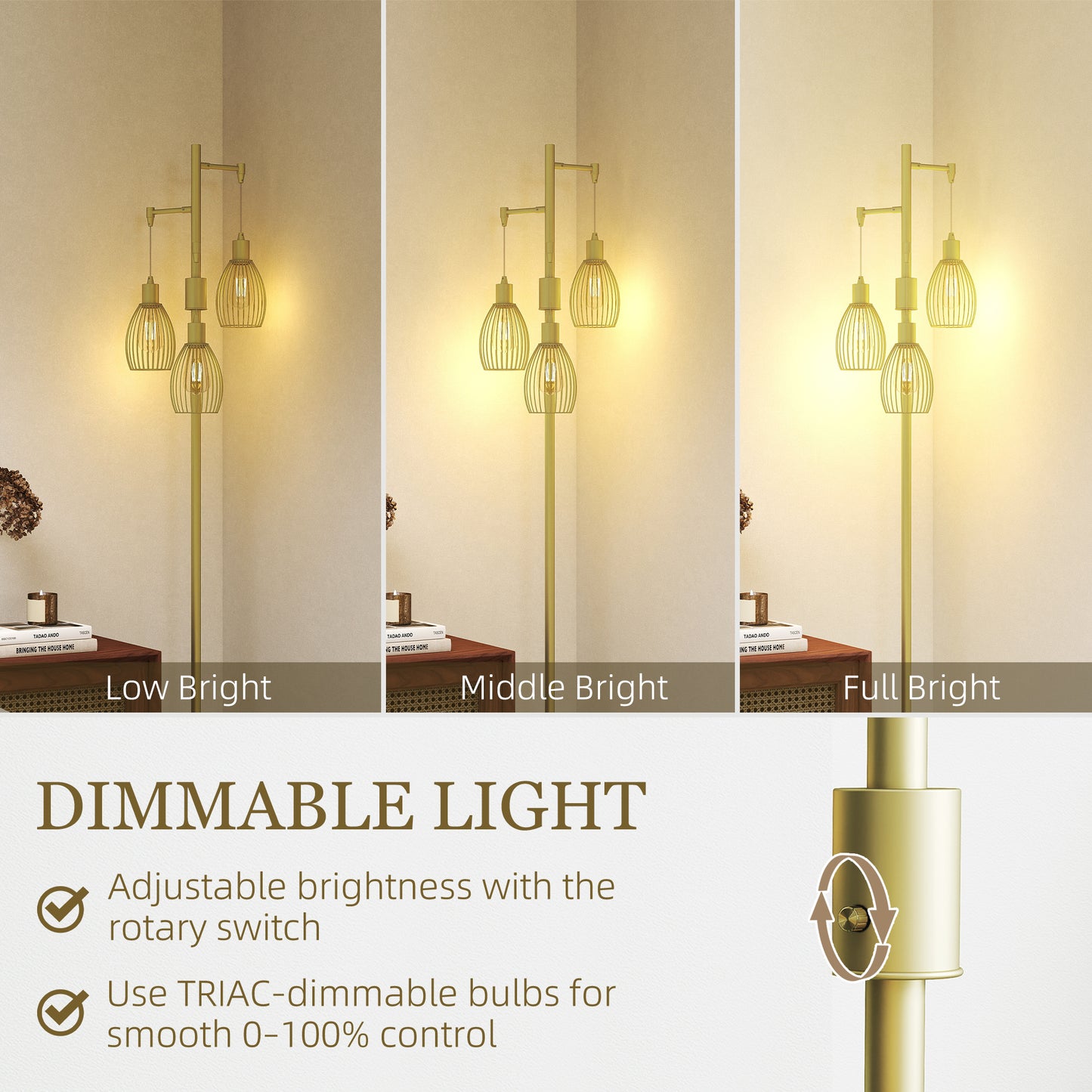 Rodi Metal Gold Tone Industrial 3 Light Floor Lamp With Wire Cage Shades