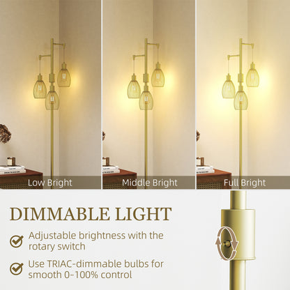 Rodi Metal Gold Tone Industrial 3 Light Floor Lamp With Wire Cage Shades