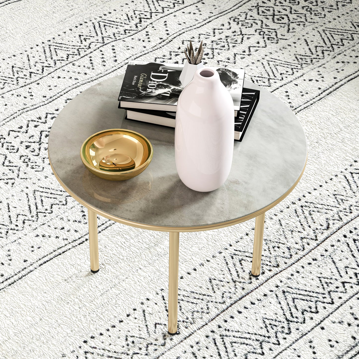 Bake Steel Beige Round Side Table With Faux Marble Glass Top