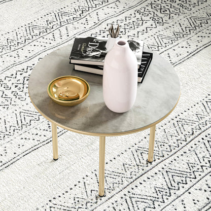 Bake Steel Beige Round Side Table With Faux Marble Glass Top