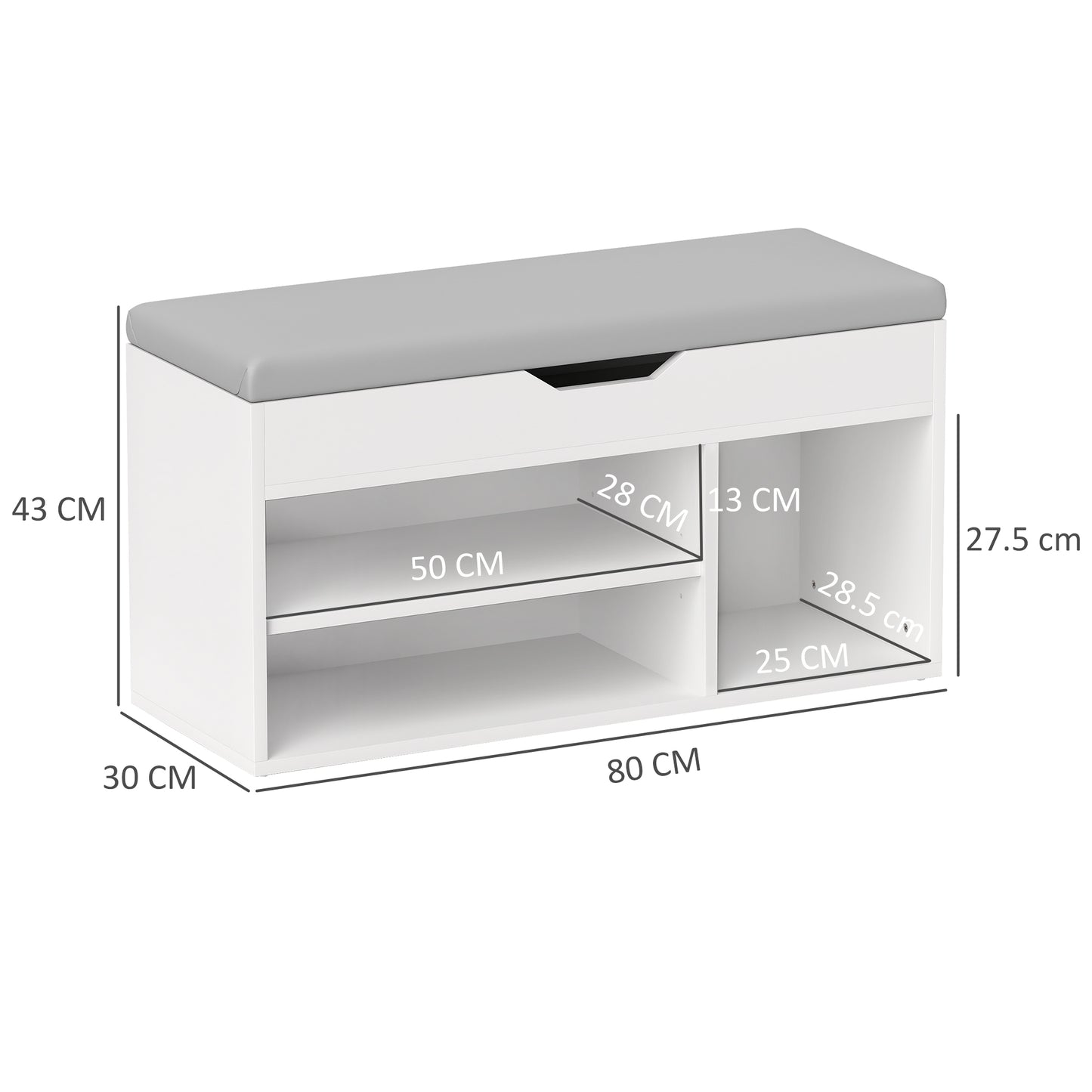 Zima Wooden White Shoe Storage Bench With Hidden Compartment And Grey Padded Seat