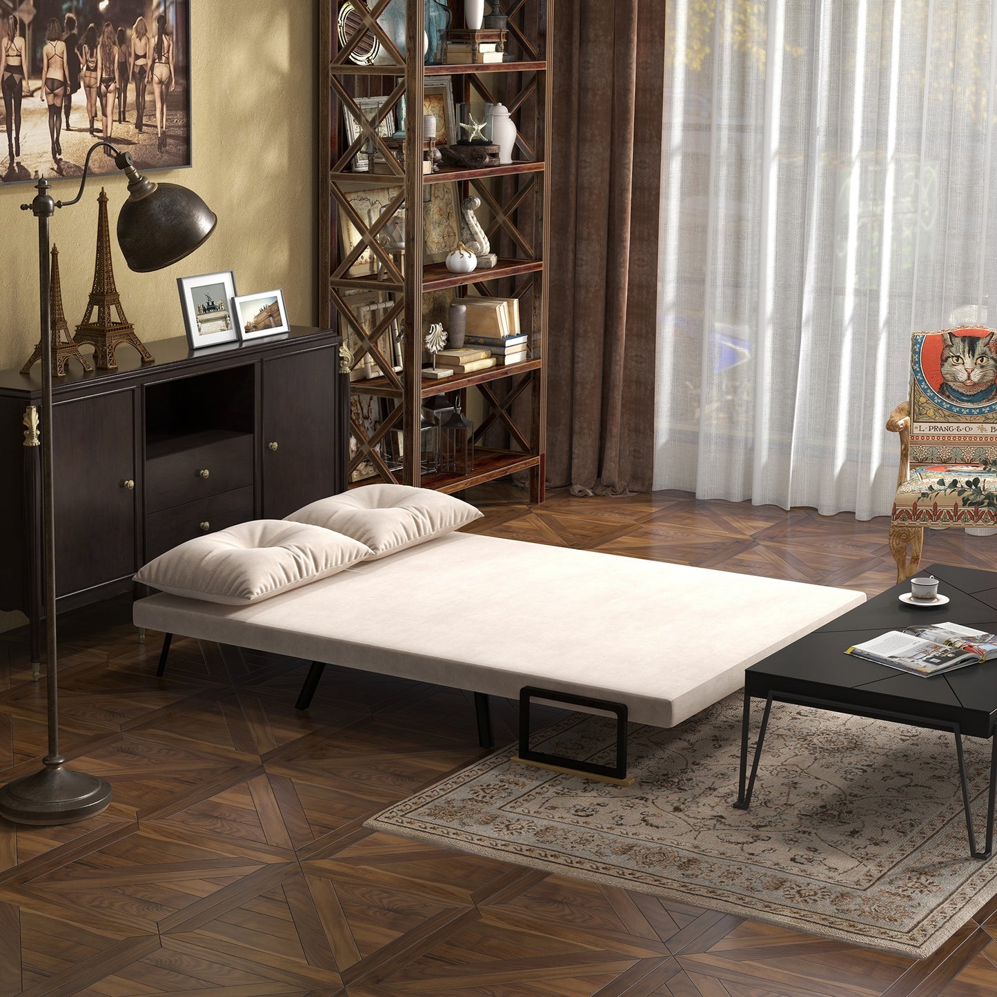 Vaziva Velvet Beige 4 In One Convertible Double Sofa Bed With Cushions
