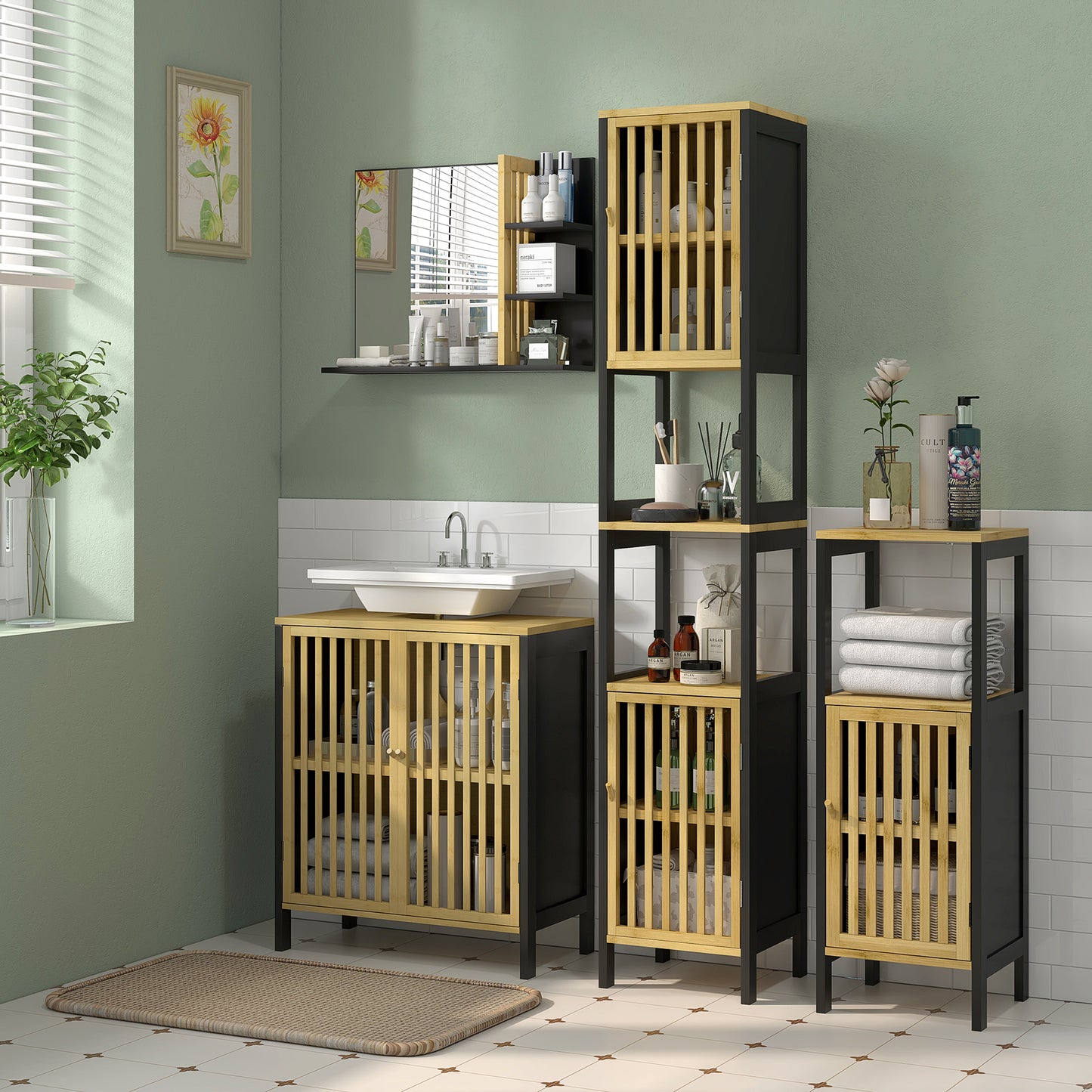 Rotove Bamboo Style Under Sink Bathroom Storage Cabinet With Cut Out Front