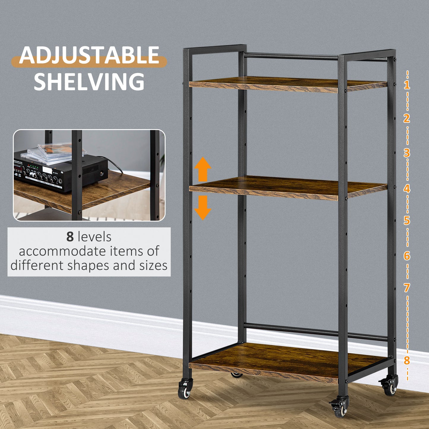 Dinanore Metal And Wood Rustic Brown 3 Tier Rolling Printer Stand With Lockable Wheels