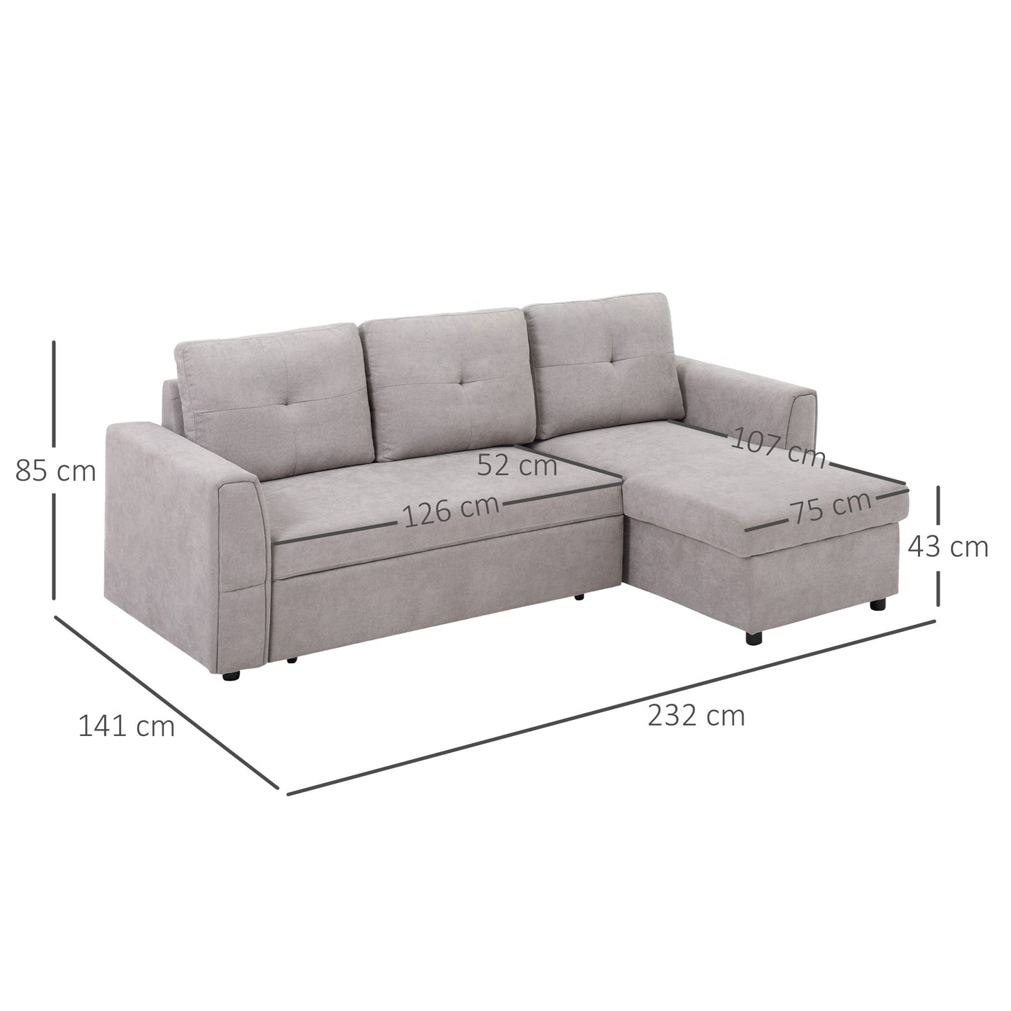 Kaba Fabric Light Grey 3 Seater Sofa Bed With Hidden Storage