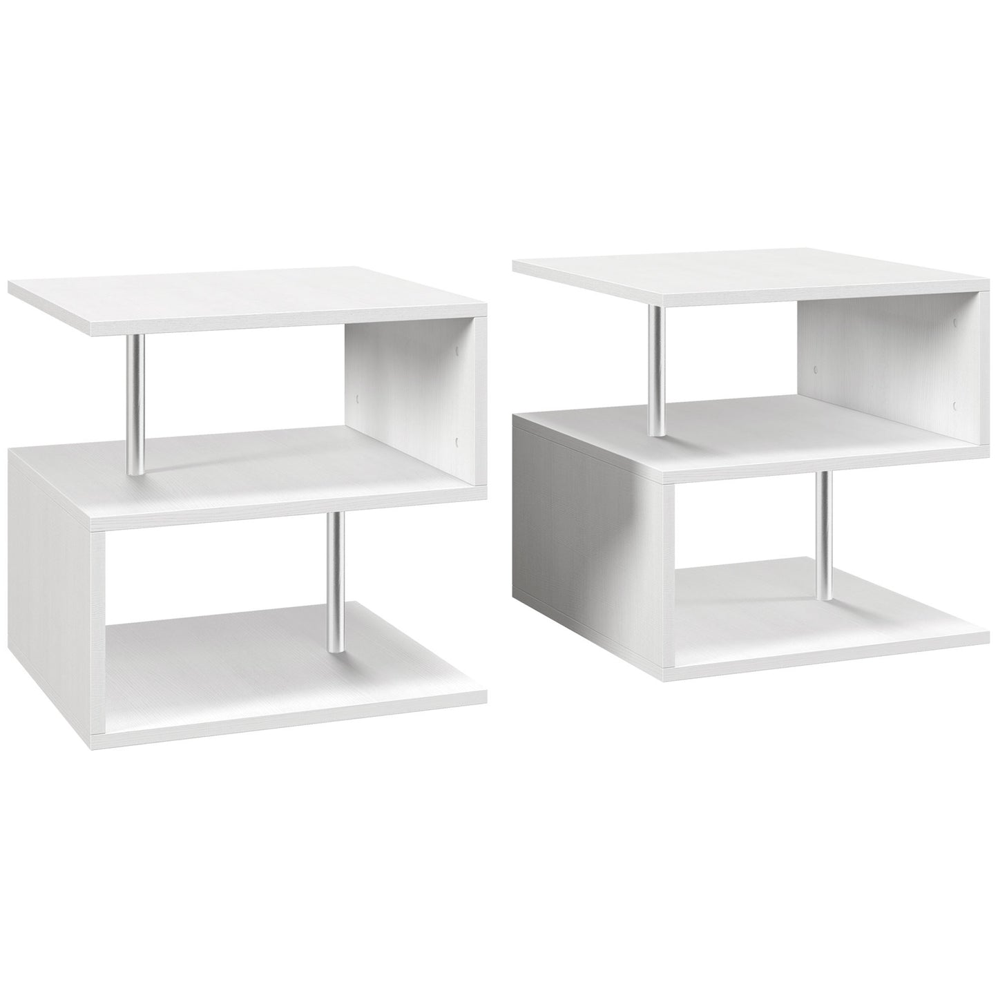 Coyora Wooden White Set Of 2 Cube Side Tables With 2 Tier Storage S Shaped