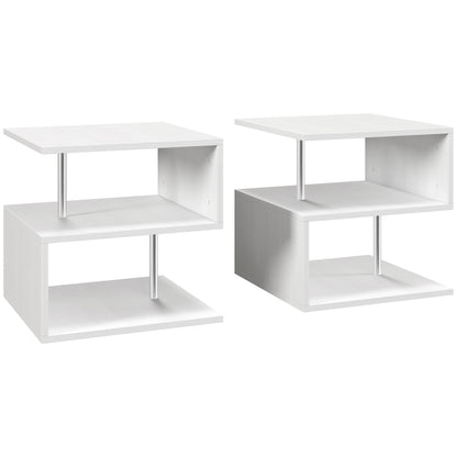 Coyora Wooden White Set Of 2 Cube Side Tables With 2 Tier Storage S Shaped