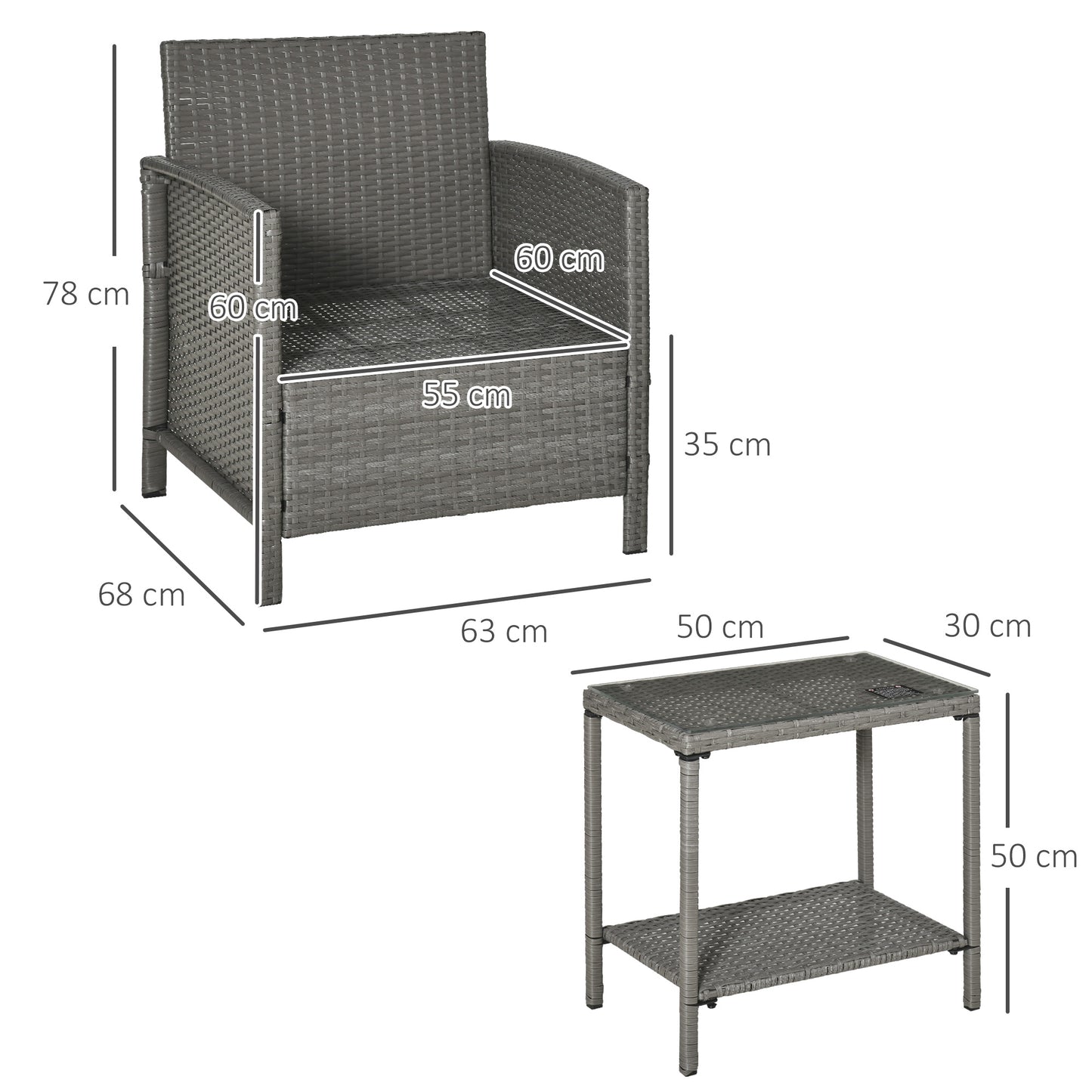 Reha Rattan Light Grey 3 Piece Garden Bistro Set With 2 Tier Glass Table And Stripe Cushions