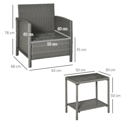 Reha Rattan Light Grey 3 Piece Garden Bistro Set With 2 Tier Glass Table And Stripe Cushions