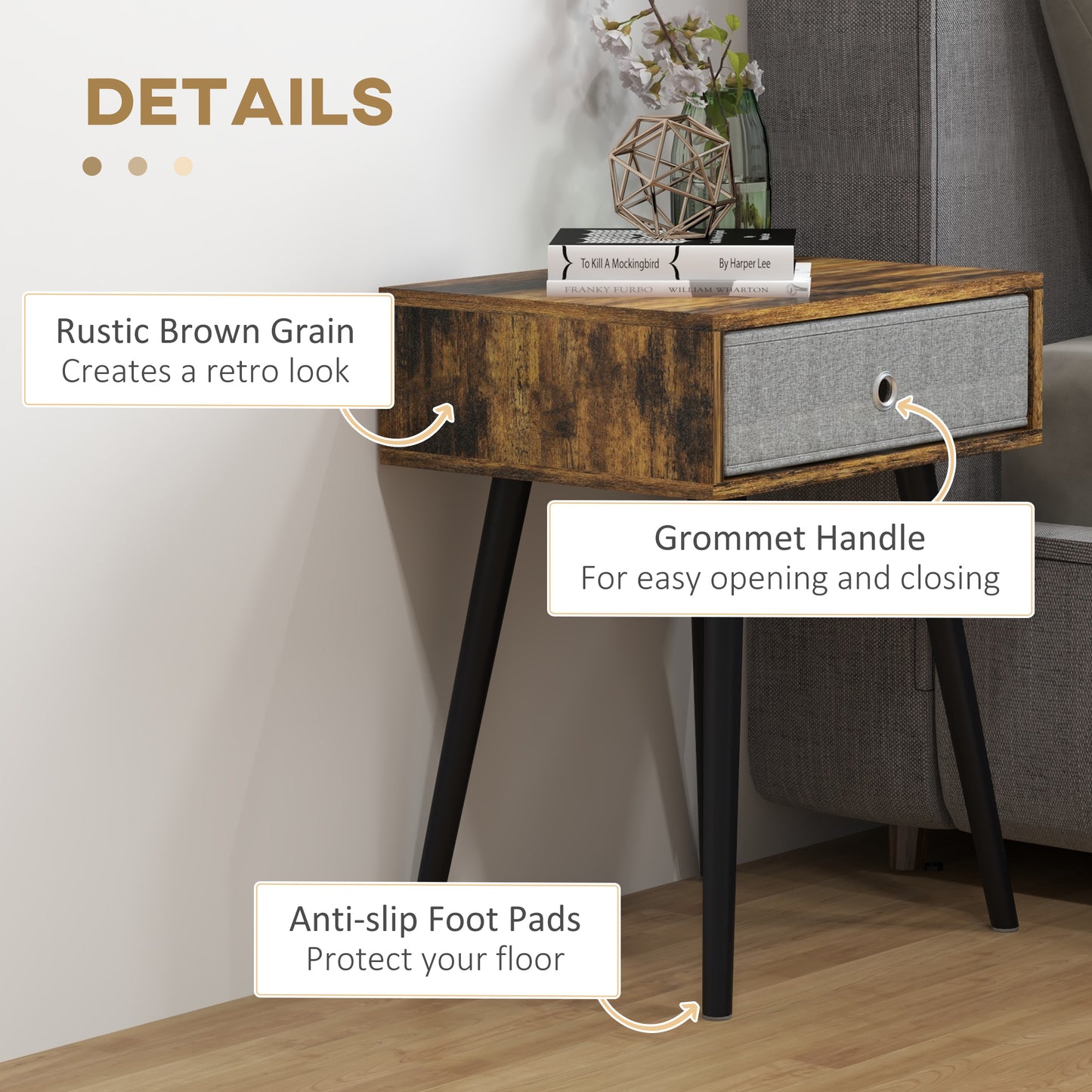 Loyo Set Of 2 Wooden Rustic Brown Industrial Bedside Tables With Grey Fabric Drawer