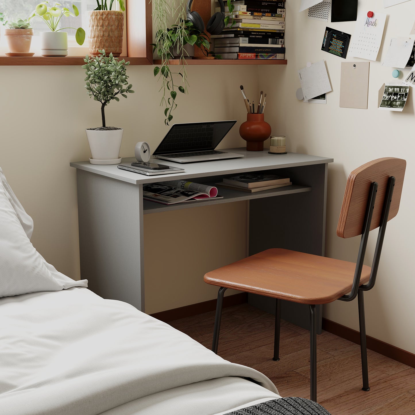 Cottare 90cm Wooden Grey Compact Writing Desk With Storage Shelf