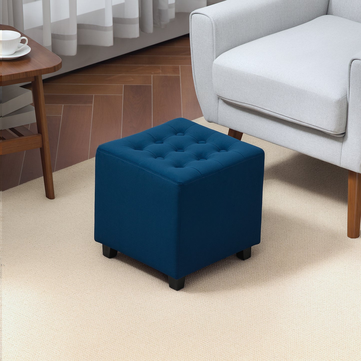 Dimano Velvet Blue Upholstered Square Ottoman Diamond Tufted Pattern