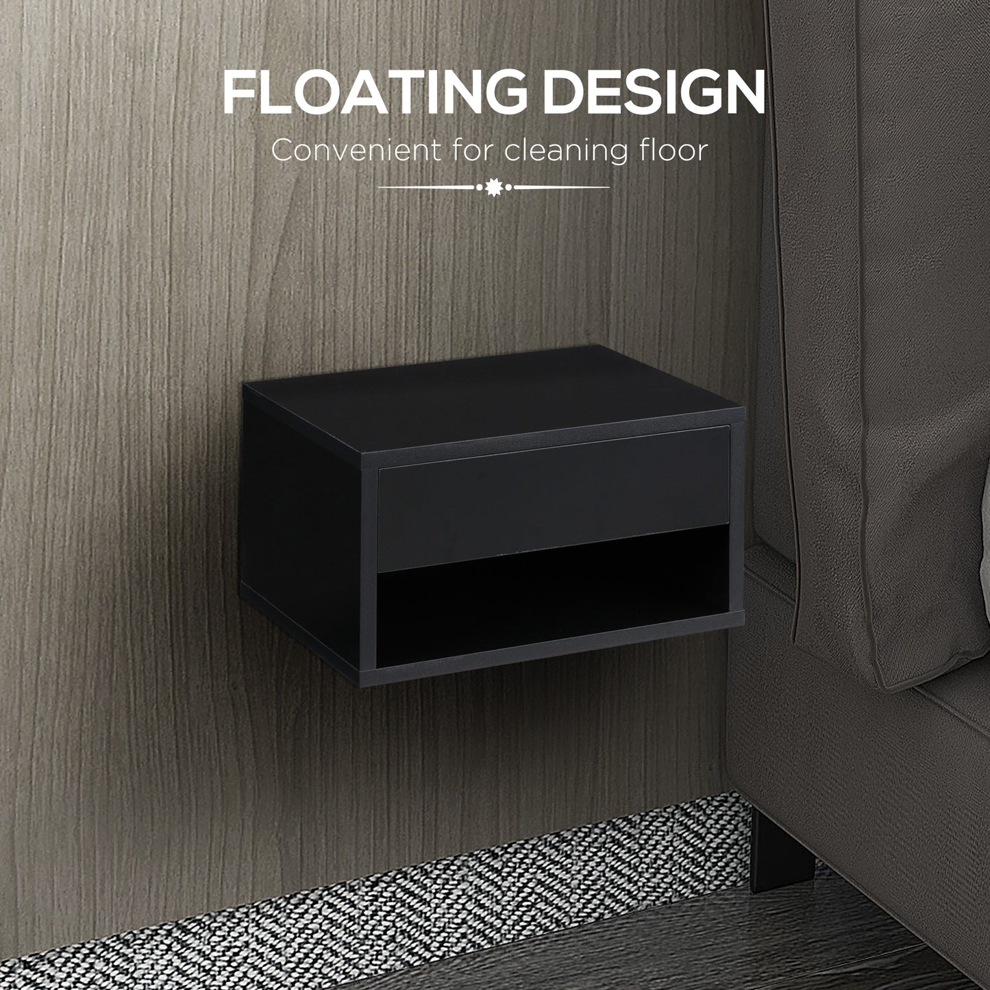 Fisaro Set Of 2 High Gloss Black Floating Bedside Tables 1 Drawer 1 Shelf