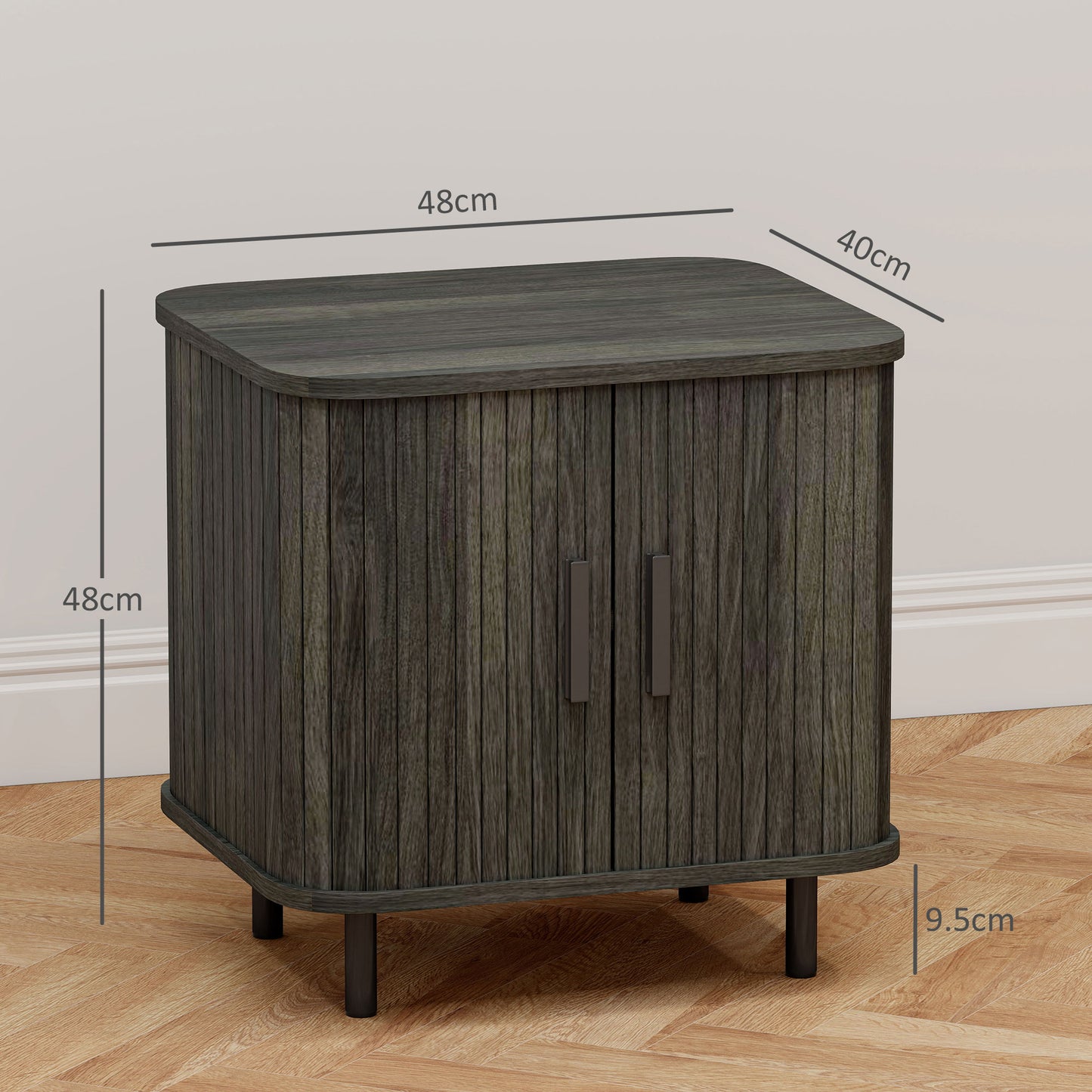 Pasaba Grey Nordic Bedside Table With Tambour Sliding Door And Metal Legs