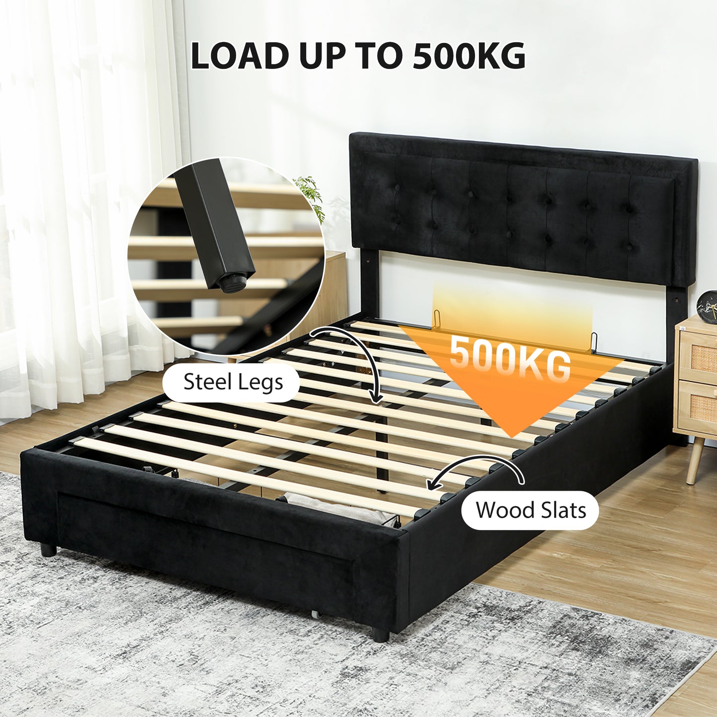 Banado King Size Ottoman Bed Frame with Front Divan Drawer Storage In Black