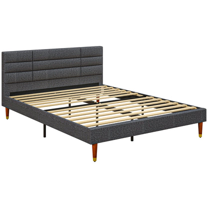 Narane 5FT Grey Upholstered King Bed Frame With Slatted Base and Fruitwood Legs