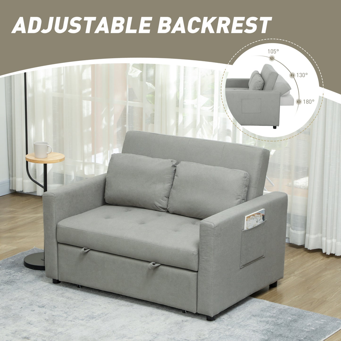 Sedisa Fabric Light Grey 2 Seater Convertible Sofa Bed With Side Pockets And Cushions