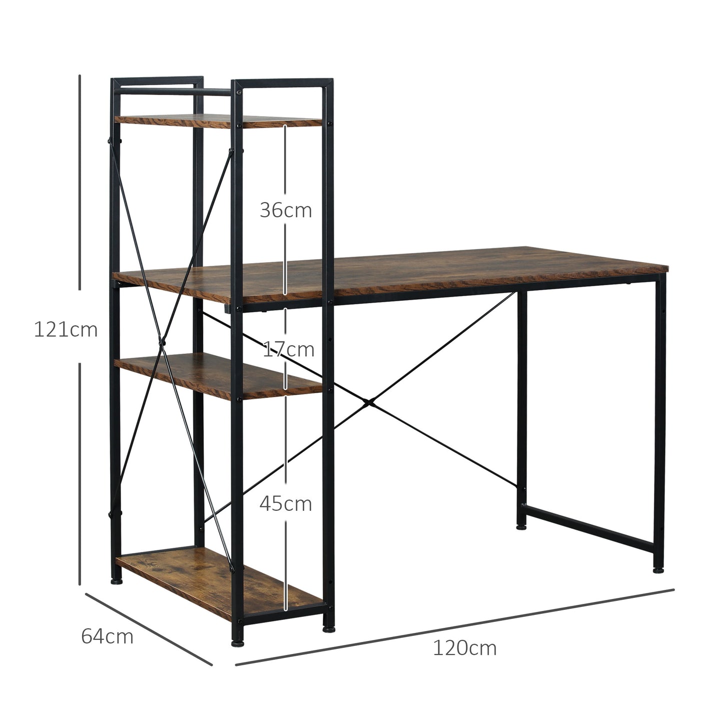 Ledo 120cm Rustic Brown And Black Reversible Industrial Home Office Desk With Side Shelving